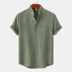 Lightweight Cotton Linen Short Sleeve Shirt Mandarin Collar Green