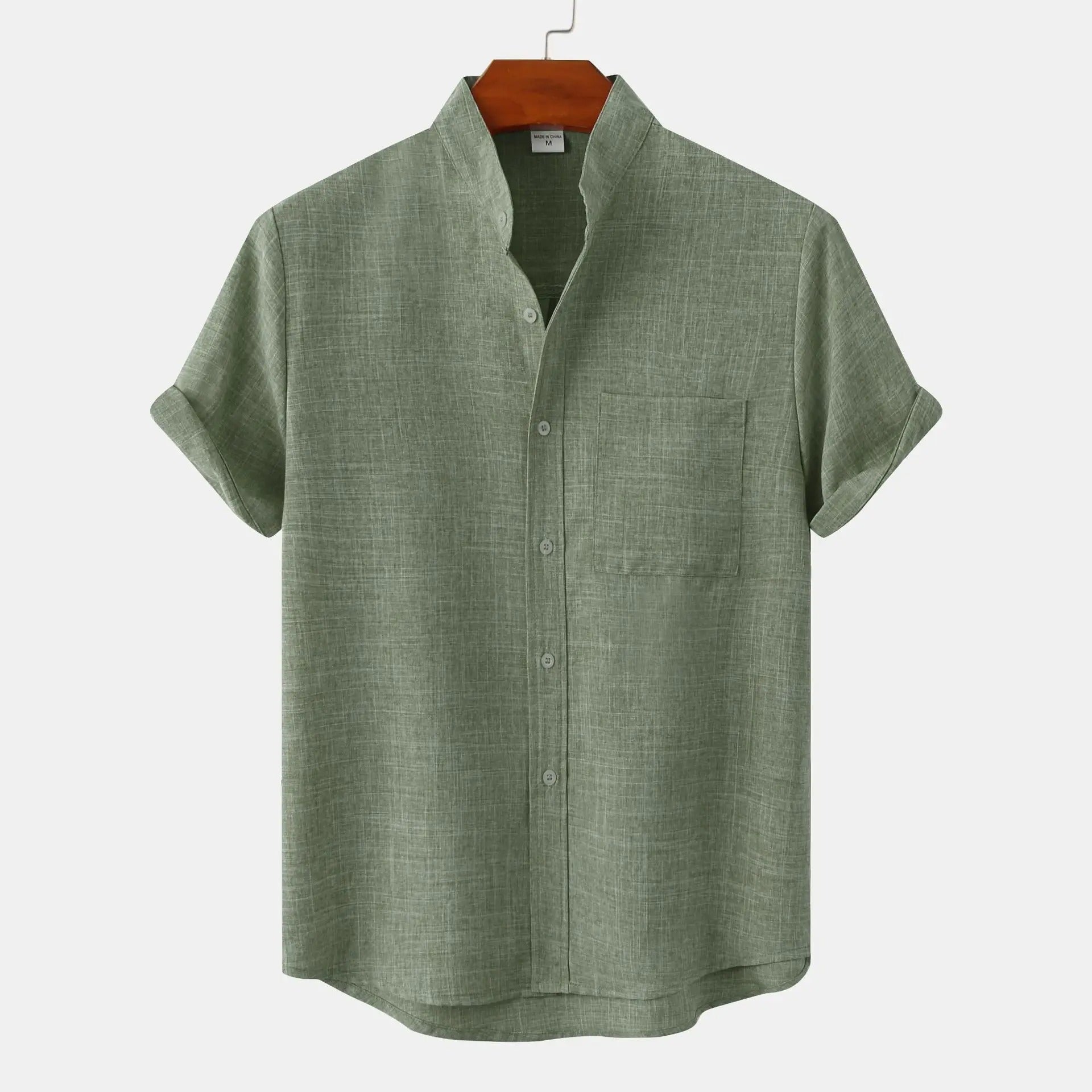 Lightweight Cotton Linen Short Sleeve Shirt Mandarin Collar Green