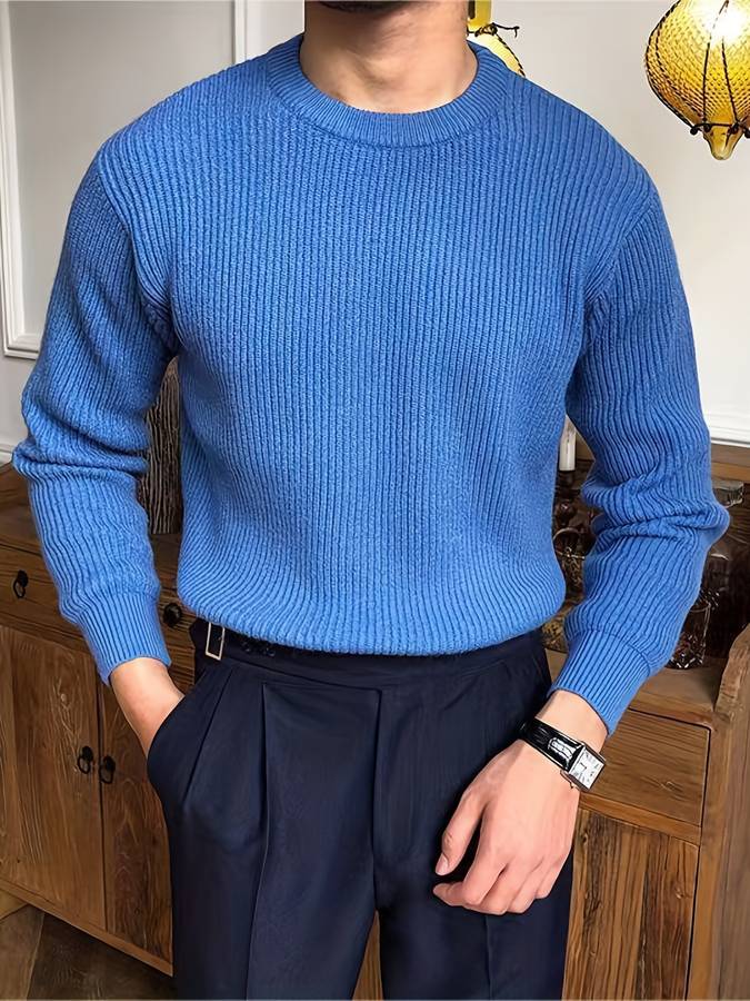 Men's Ribbed Long Sleeve Crew Neck Pullover Sweater Blue