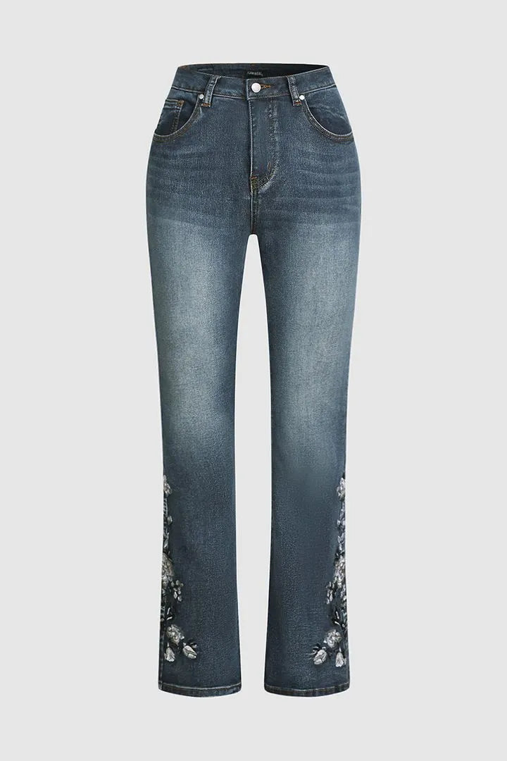 Damejeans med blomsterbroderi, håndbroderet, mellemhøj talje og bootcut