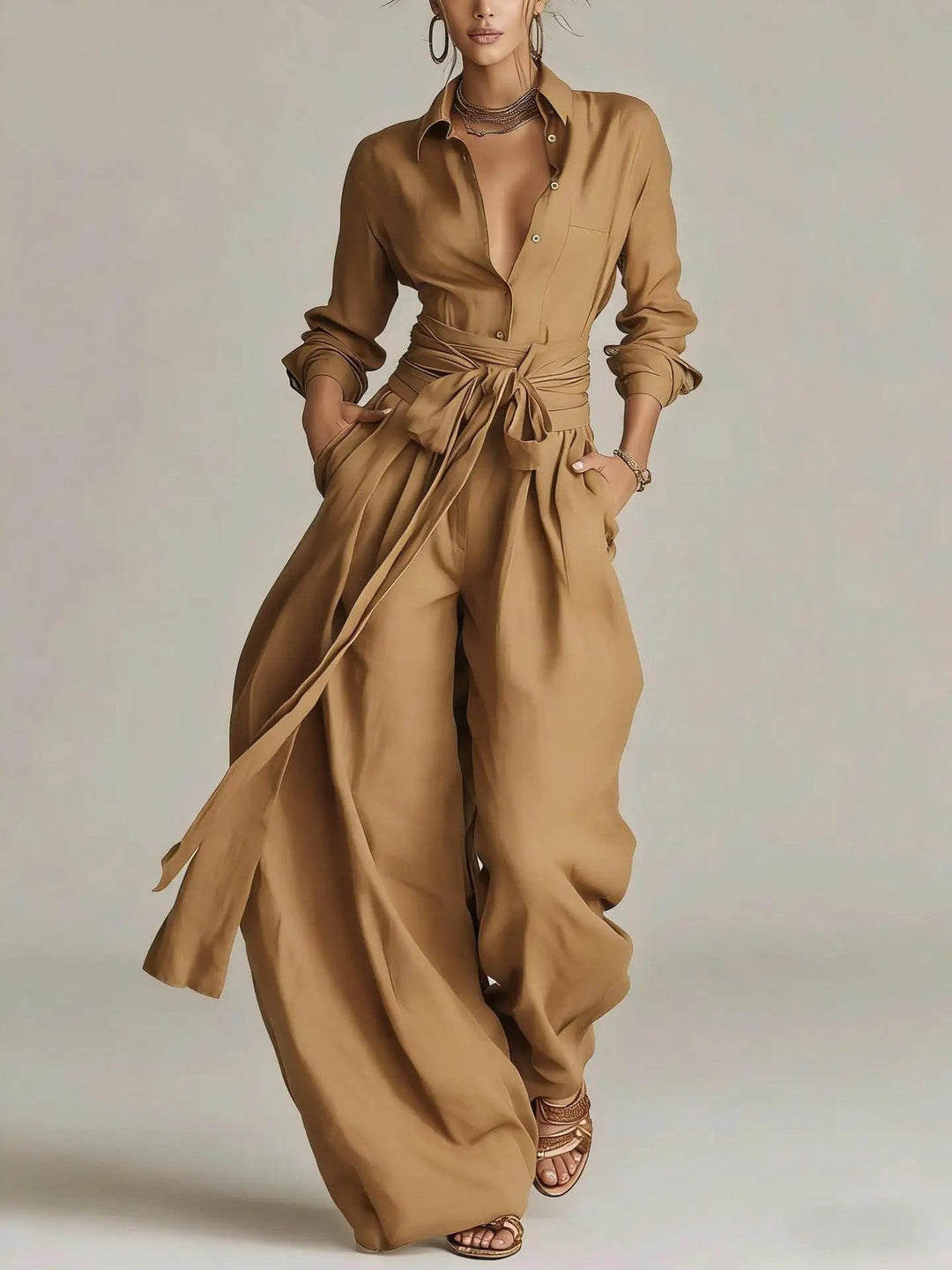 Florence | Women's Cotton-Linen Belted Long-Sleeve Jumpsuit
