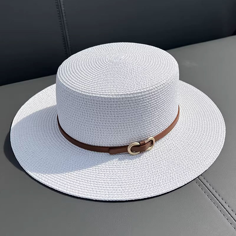 Chapéu de Palha Feminino Plano de Verão com Proteção UV para Uso à Beira-Mar