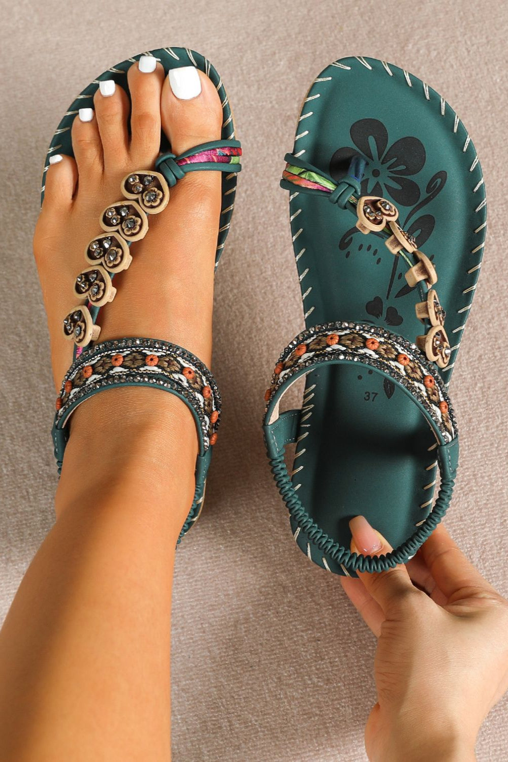 Women's PU Leather Toe Loop Flat Sandals Dark Green