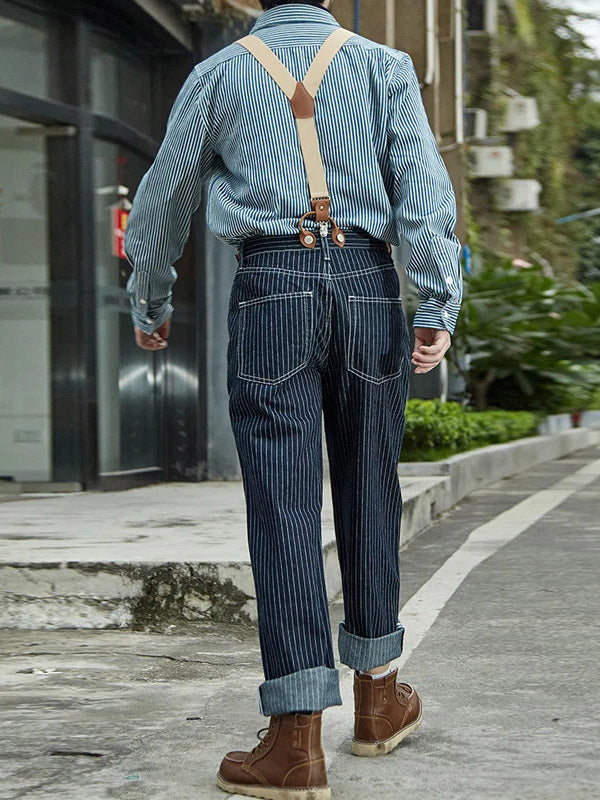 Men's Vintage Striped Straight Denim Suspender Overalls