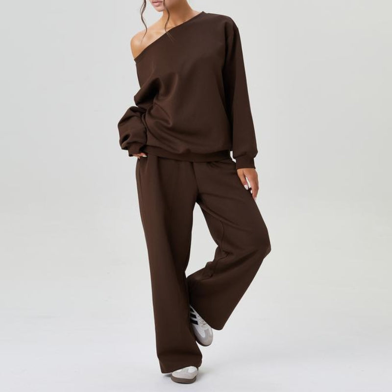 Women's Cozy Off-Shoulder Sweatshirt & Relaxed Wide-Leg Pants Set Brown