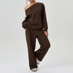 Women's Cozy Off-Shoulder Sweatshirt & Relaxed Wide-Leg Pants Set Brown