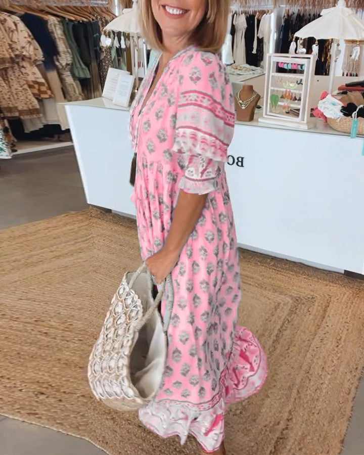 Elizabeth | Vestido midi bohemio para mujer con estampado y lazo de borlas