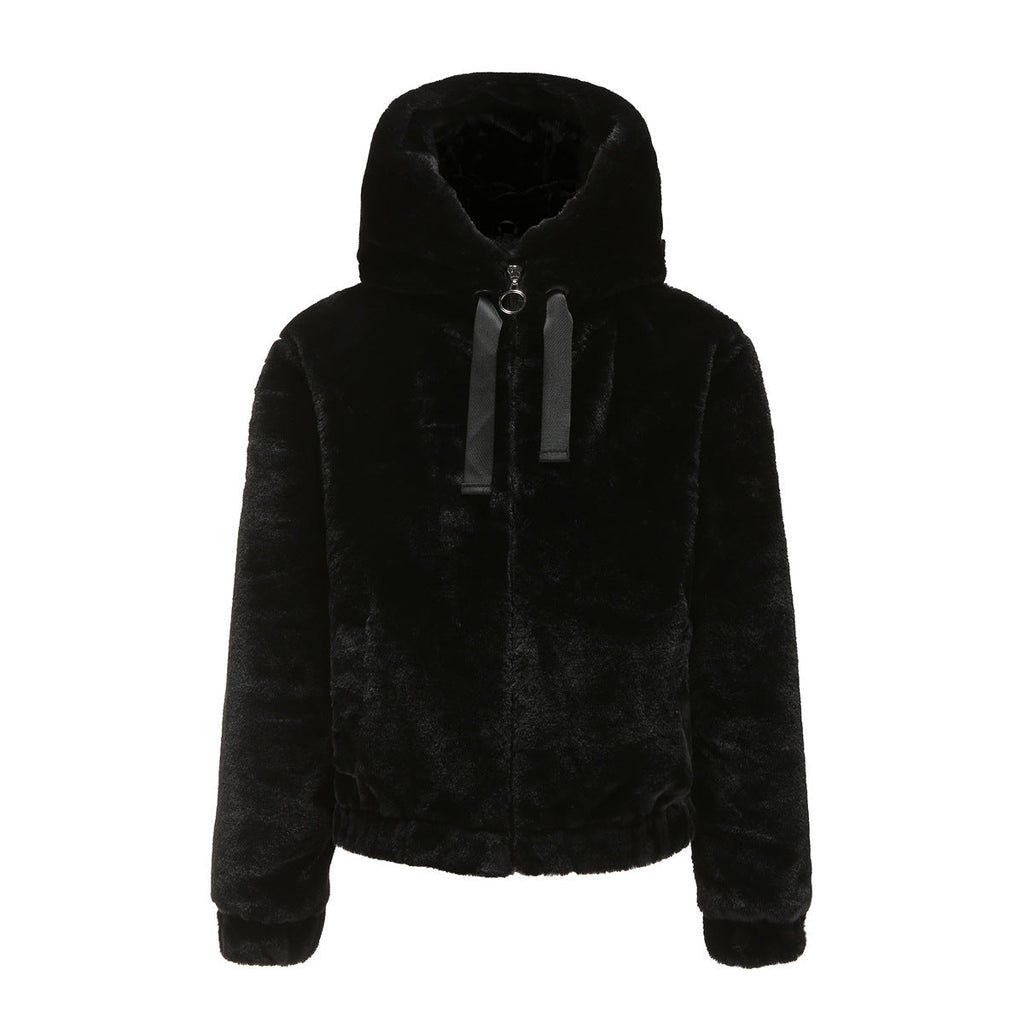 Women Eco Fur Hooded Jacket For Winter Warmth And Style Black