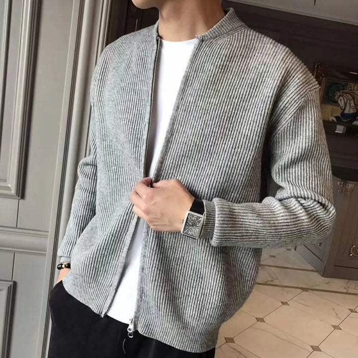 Men's Ribbed Zip-Front Cardigan with Relaxed Fit Gray