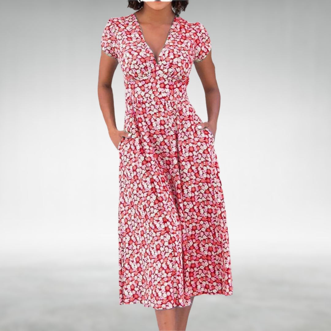 Alice | Damen Midikleid mit Blumenmuster, V-Ausschnitt und Tasche