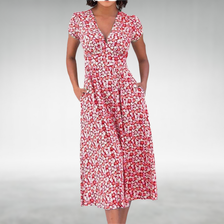 Alice | Damen Midikleid mit Blumenmuster, V-Ausschnitt und Tasche