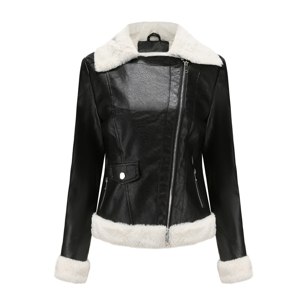 Womens Eco Leather Winter Jacket With Plush Fleece Lining Black