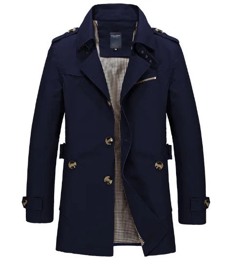 Men's Knee-Length Trench Coat with Belt – Timeless Style & Comfort Blue