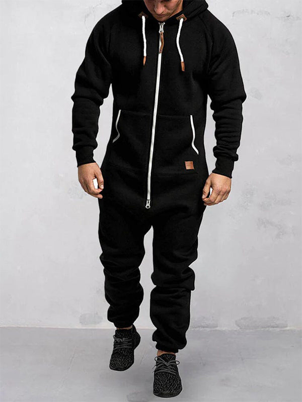 Herren-Jumpsuit aus Fleece mit Kapuze, Reißverschluss und einfarbigem Design