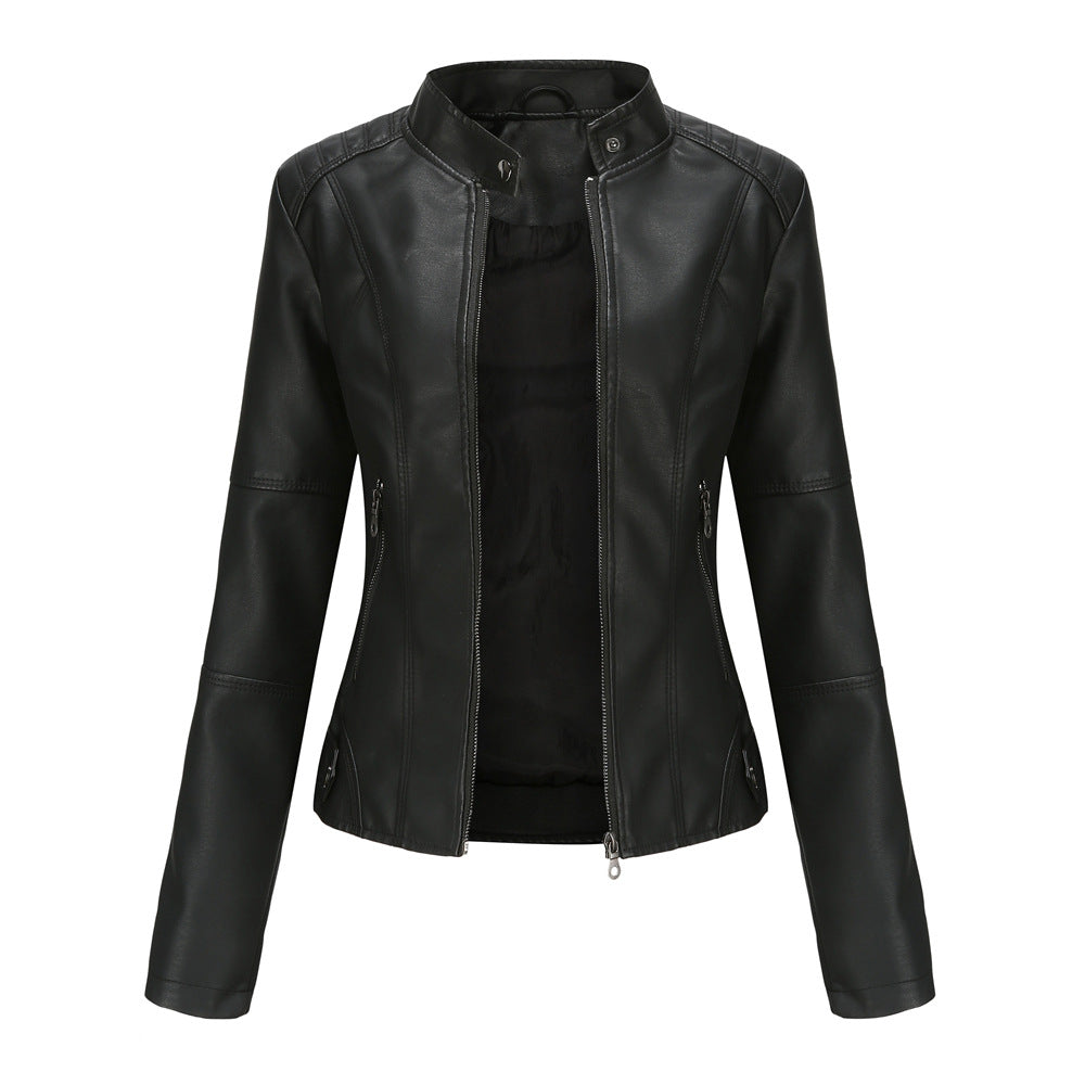 Womens Slim Leather Jacket Lightweight Casual Fashion Black