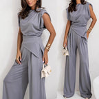 Women's Elegant Smart Casual Set: Relaxed Fit Waist-Length Top & High-Waisted Pleated Palazzo Pants