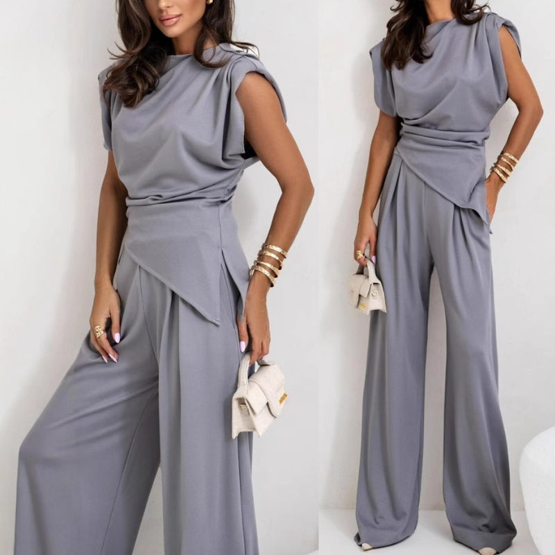 Women's Elegant Smart Casual Set: Relaxed Fit Waist-Length Top & High-Waisted Pleated Palazzo Pants