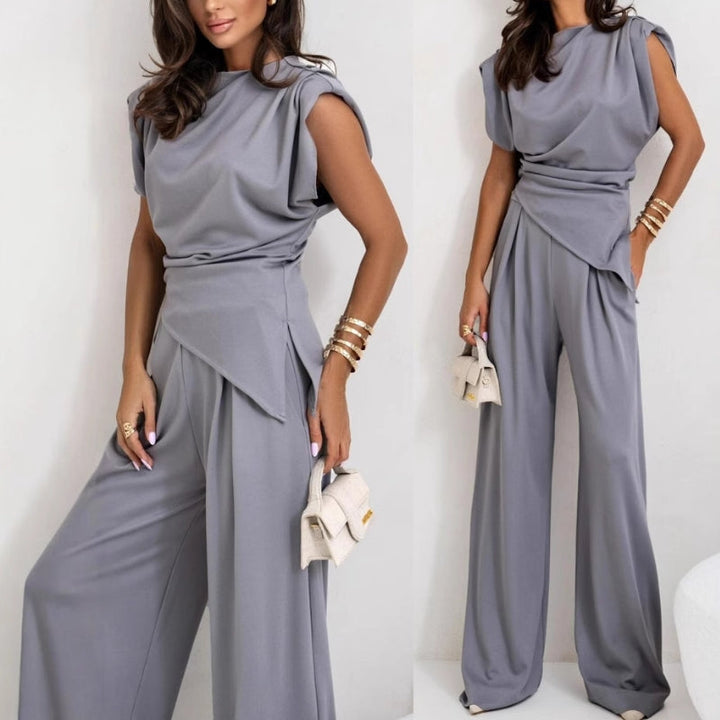 Women's Elegant Smart Casual Set: Relaxed Fit Waist-Length Top & High-Waisted Pleated Palazzo Pants-MODAUTLET