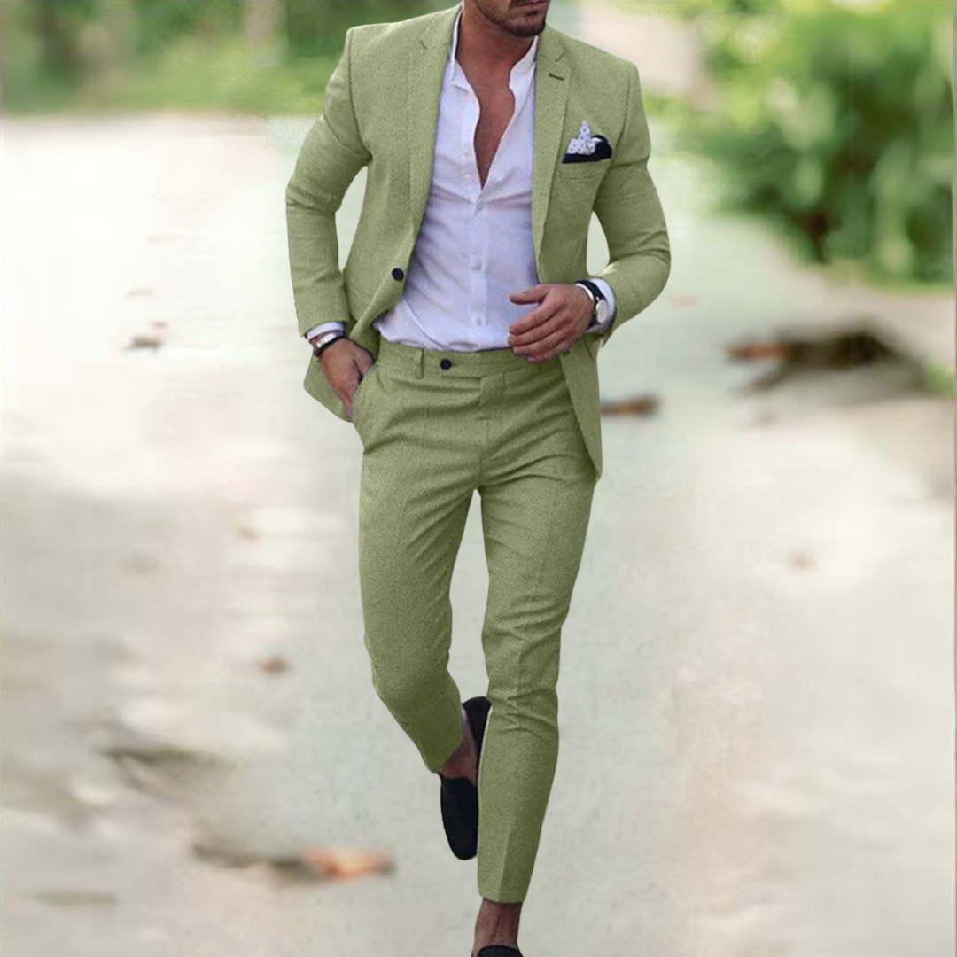 Breathable Linen Suit For Men Summer Two Piece Outfit Green