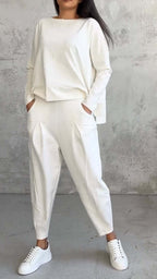 Women's Irregular Long-Sleeve Top & Harem Pants Set White