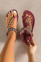 Women's PU Leather Toe Loop Flat Sandals Deep Red