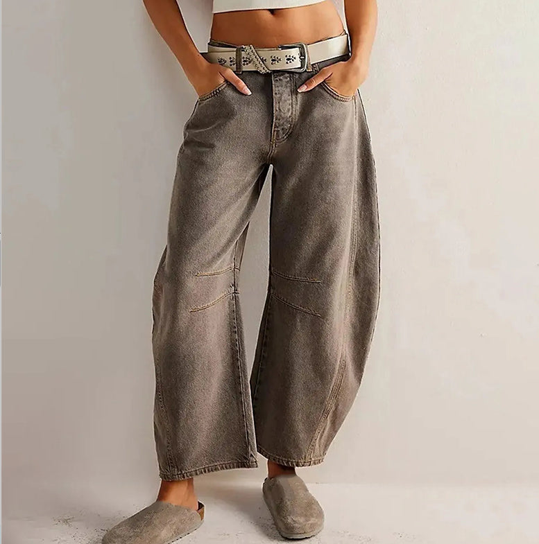 High-Stretch Mid-Rise Barrel Jeans-MODAUTLET