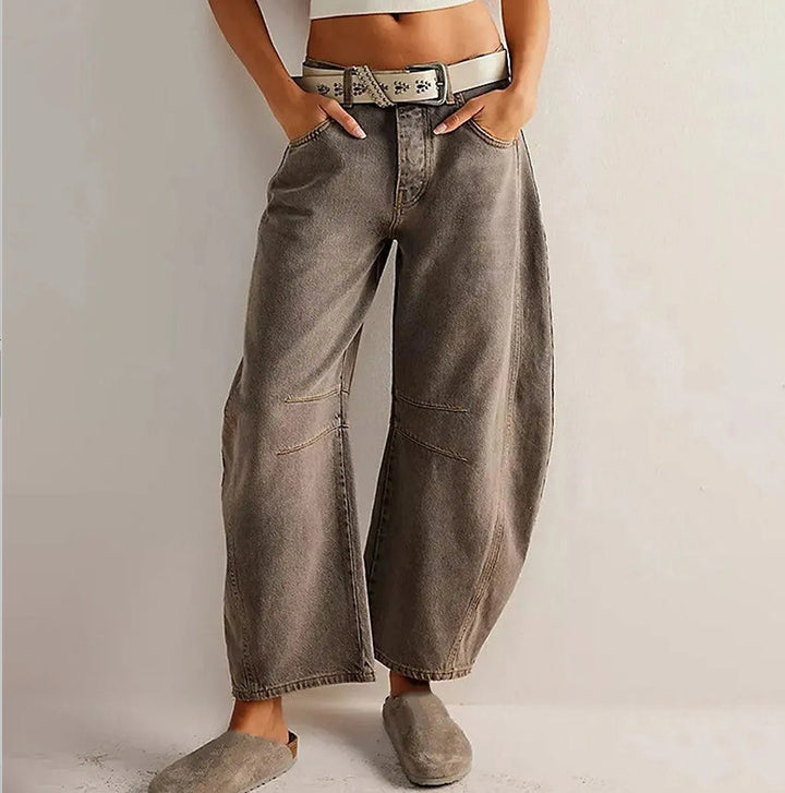 High-Stretch Mid-Rise Barrel Jeans-MODAUTLET