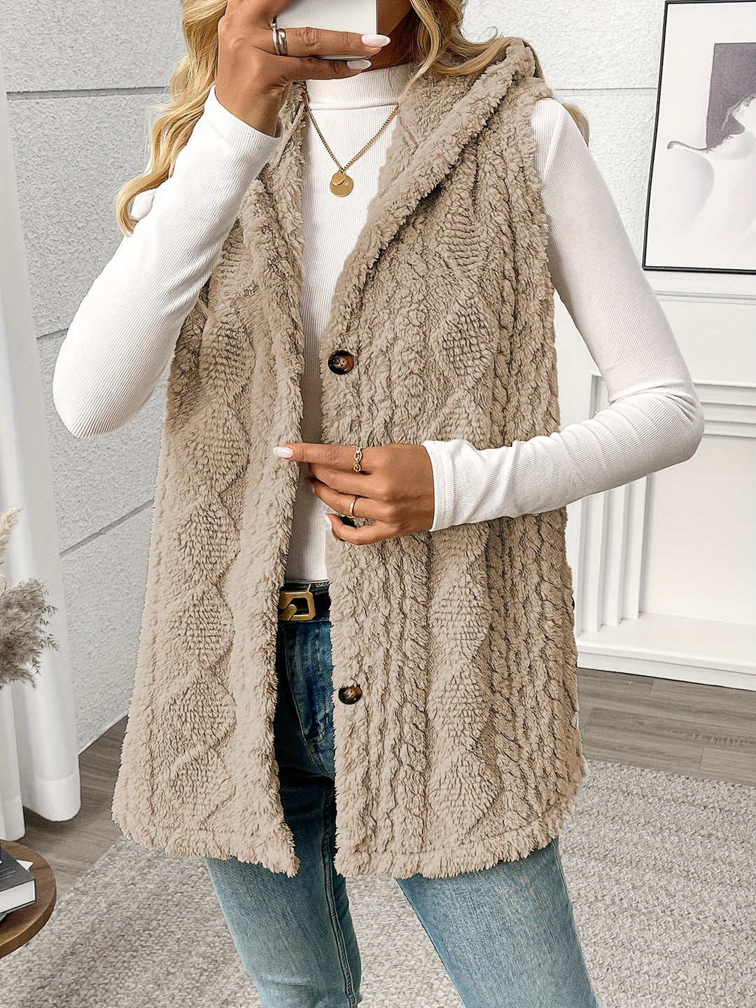 Gilet douillet sans manches à capuche pour femme