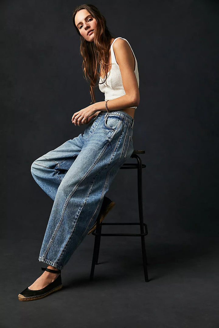 High-Stretch Mid-Rise Barrel Jeans-MODAUTLET