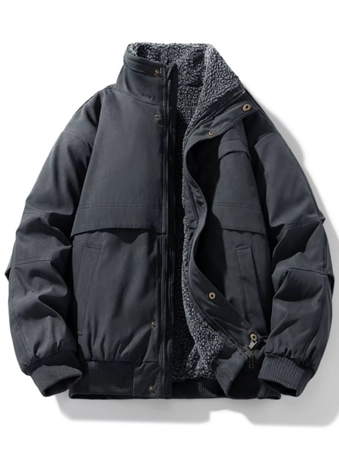 Plus-Size Sherpa Lined Bomber Jacket for Men Black