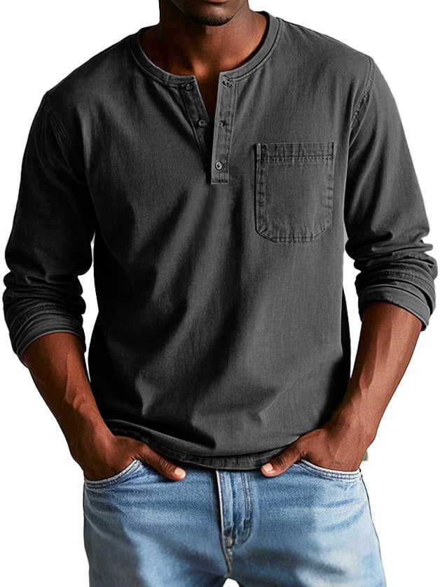 Mens Long Sleeve Henley Shirt Soft Cotton Blend Casual-MODAUTLET
