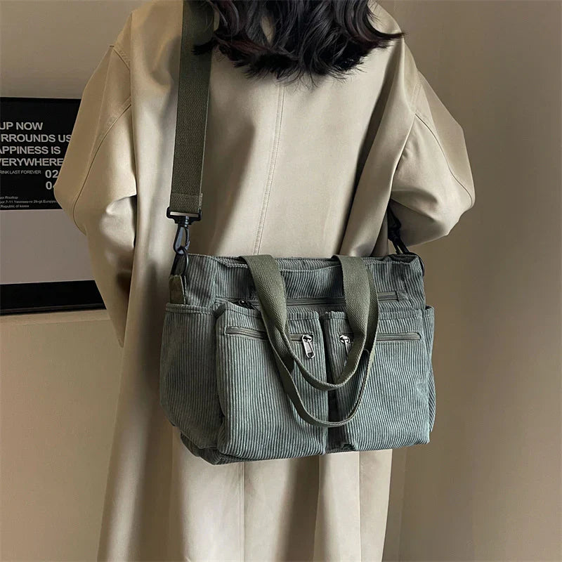 Corduroy Tote Bag Large Carryall For Everyday Style Army Green