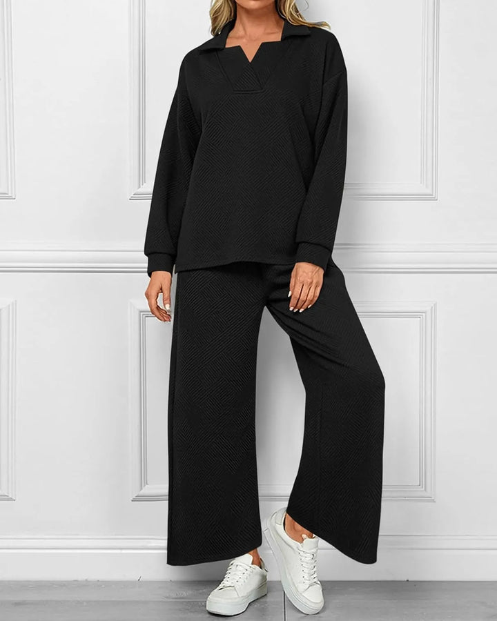 Mireya Textured V‑Neck Lounge Two‑Piece Set-MODAUTLET