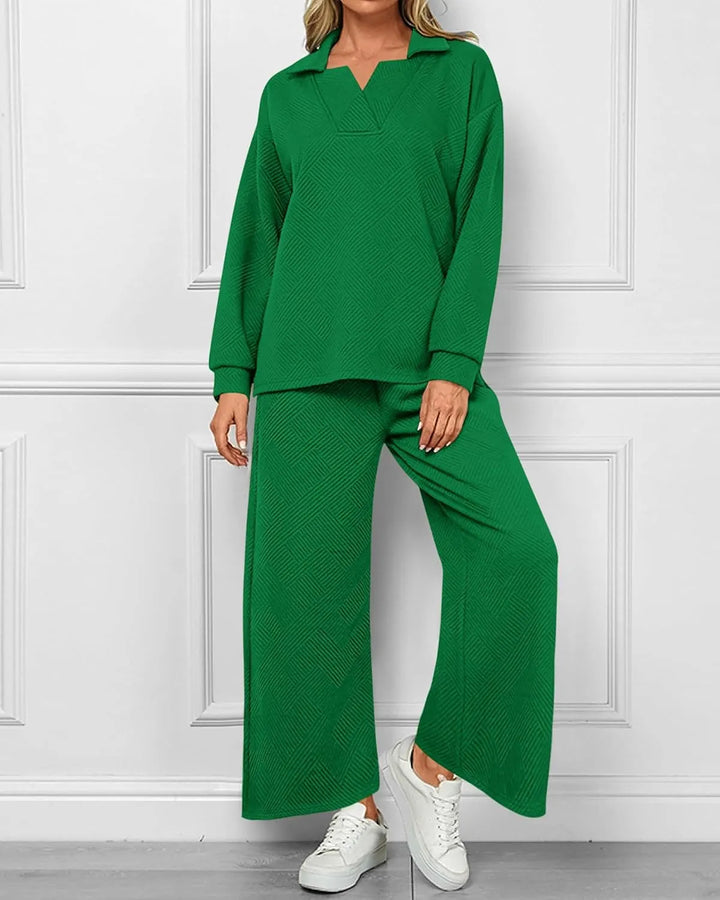 Mireya Textured V‑Neck Lounge Two‑Piece Set-MODAUTLET
