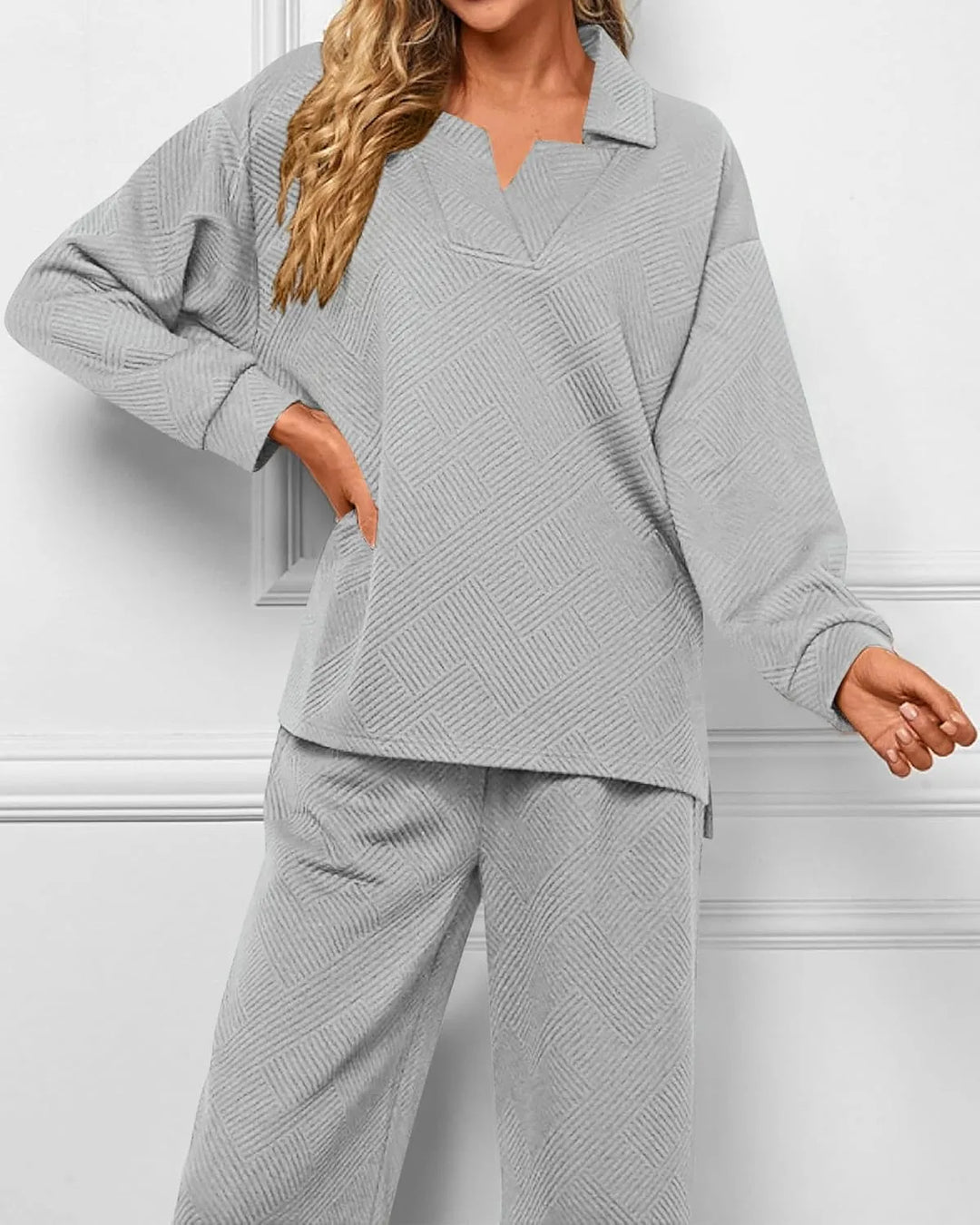 Mireya Textured V‑Neck Lounge Two‑Piece Set-MODAUTLET