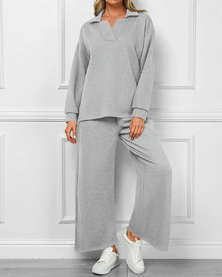 Mireya Textured V‑Neck Lounge Two‑Piece Set-MODAUTLET