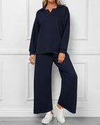 Mireya Textured V‑Neck Lounge Two‑Piece Set Dark Blue