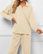 Mireya Textured V‑Neck Lounge Two‑Piece Set Apricot