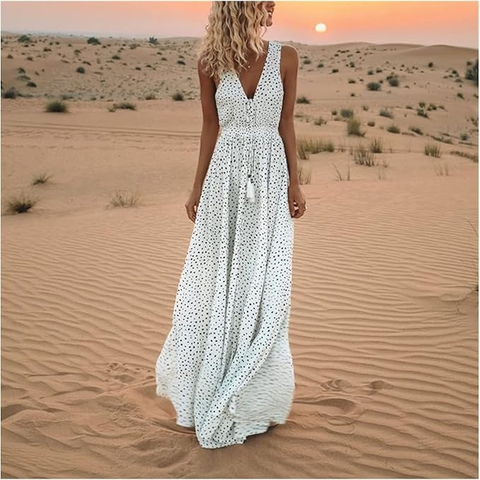 Vestido largo fluido de lunares bohemio para mujer