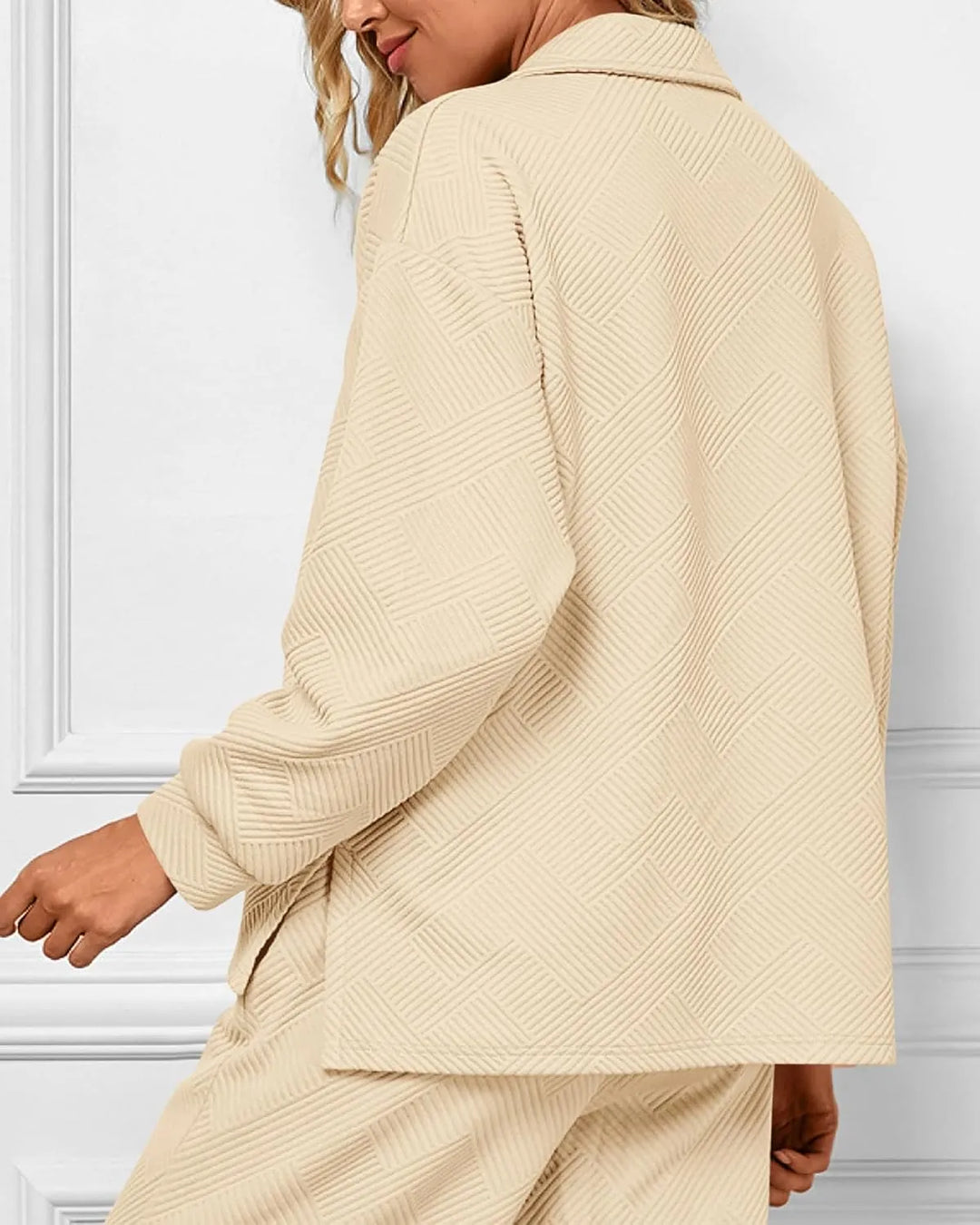 Mireya Textured V‑Neck Lounge Two‑Piece Set-MODAUTLET