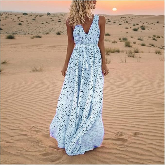 Vestido largo fluido de lunares bohemio para mujer