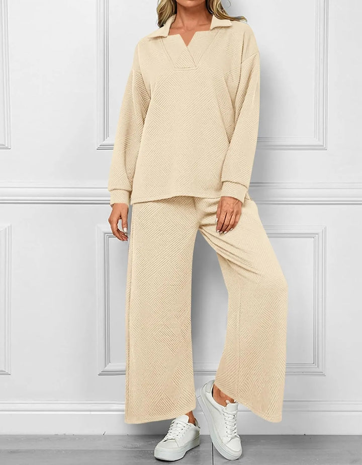 Mireya Textured V‑Neck Lounge Two‑Piece Set-MODAUTLET