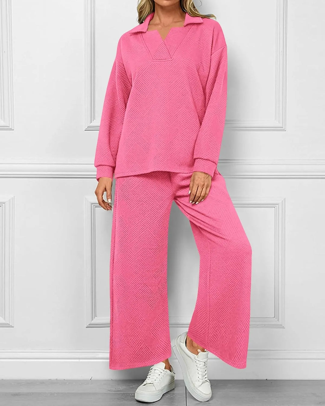 Mireya Textured V‑Neck Lounge Two‑Piece Set-MODAUTLET