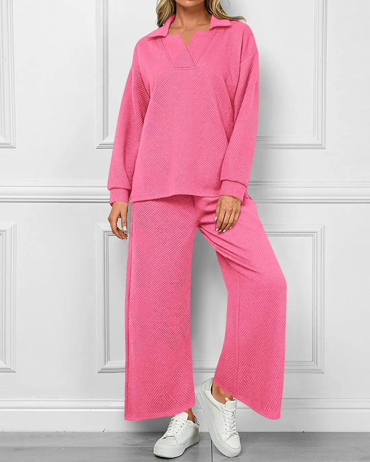 Mireya Textured V‑Neck Lounge Two‑Piece Set-MODAUTLET