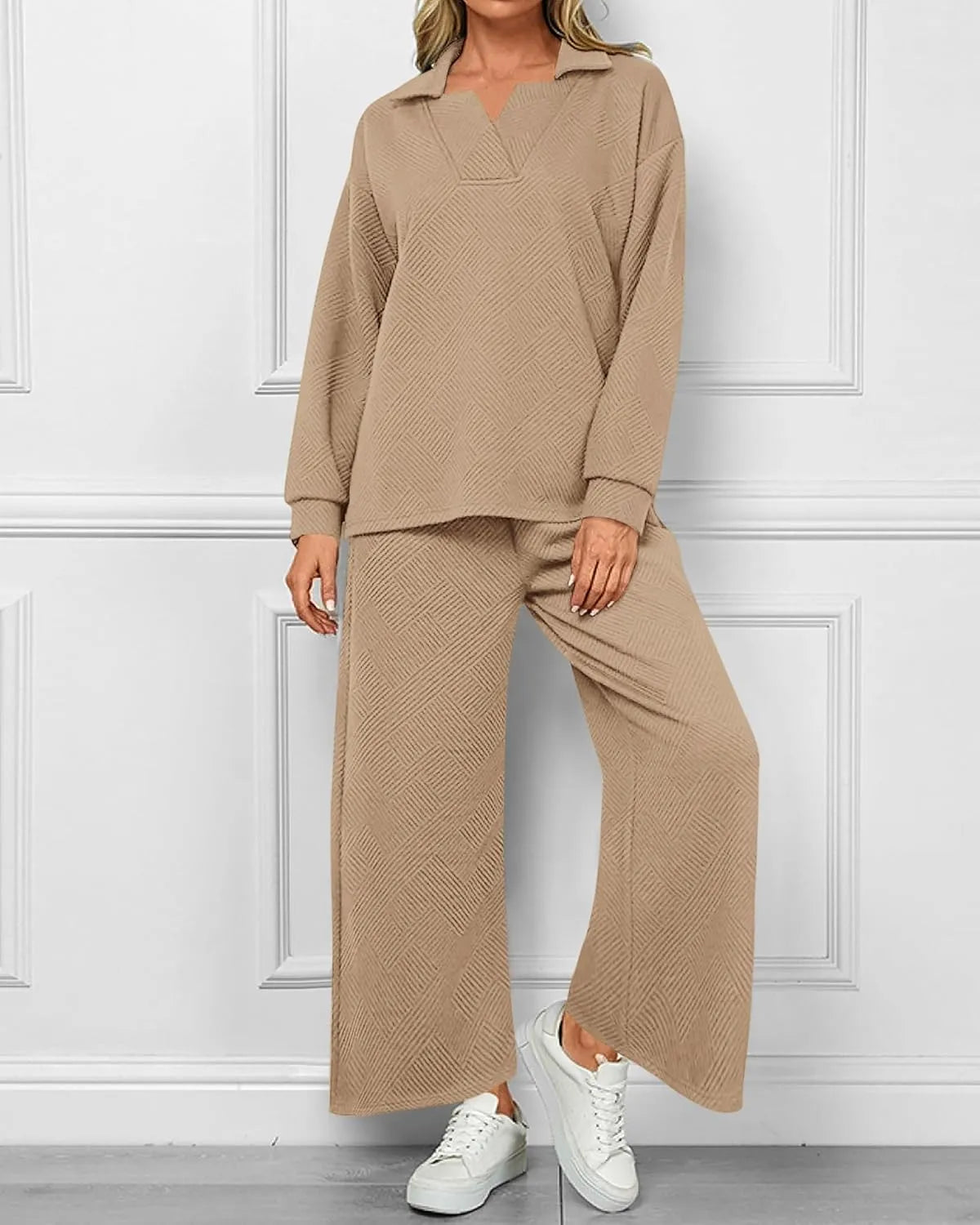 Mireya Textured V‑Neck Lounge Two‑Piece Set Khaki