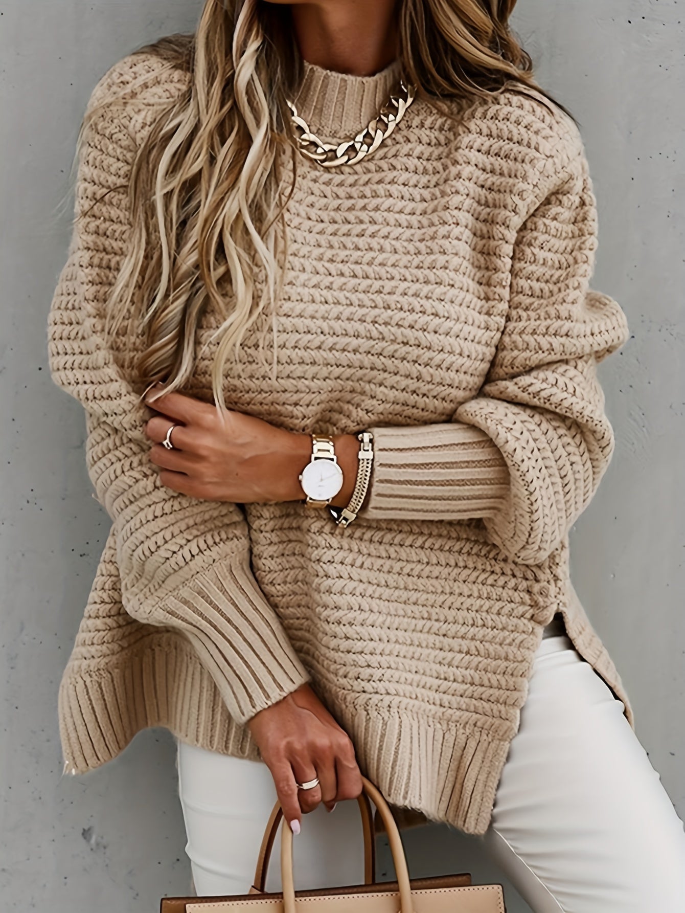Women’s Knitted Sweater with Side Slit – Cozy Casual Knit Pullover Apricot