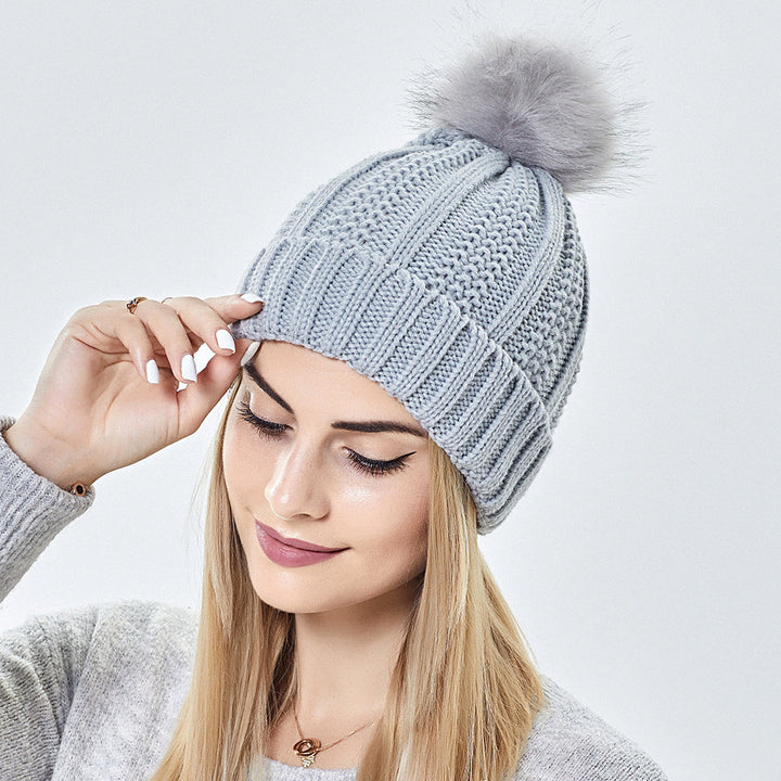 Gorro de punto elegante para mujer con pompón de piel sintética para invierno