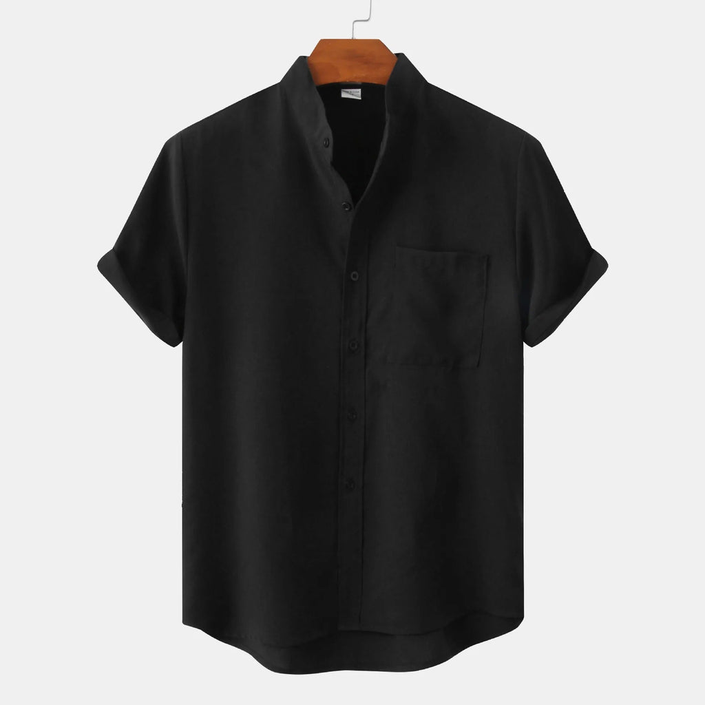 Lightweight Cotton Linen Short Sleeve Shirt Mandarin Collar Black