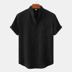 Lightweight Cotton Linen Short Sleeve Shirt Mandarin Collar Black