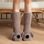 Cozy Cartoon Dog Plush Floor Socks for Women - Non-Slip Winter Warmth Grey Brown Dog One size